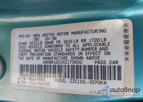 1999 Toyota Corolla Ce from USA, damaged, VIN 1NXBR12E2XZ175832